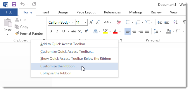 04 selecting customize the ribbon1 نحوه اضافه کردن کلید میانبر برای یک دستور در ورد 2013