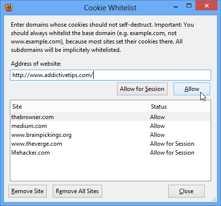 Creating and editing a whitelist19 حذف خودکار کوکی های سایت به هنگام بستن تب یا مرورگر در فایرفاکس