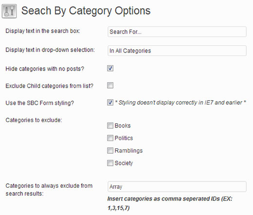 Settings page for Search by Category plugin